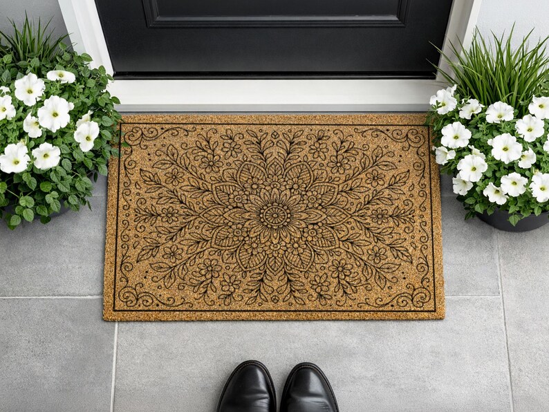 K&ouml;nnte beinhalten: Eine rechteckige Fu&szlig;matte mit einem detaillierten schwarzen Blumen-Mandala-Design auf einem nat&uuml;rlichen, hellbraunen Hintergrund. Die Matte liegt vor einer schwarzen T&uuml;r, flankiert von Topfpflanzen mit wei&szlig;en Bl&uuml;ten. Schwarze Schuhe sind unten zu sehen.