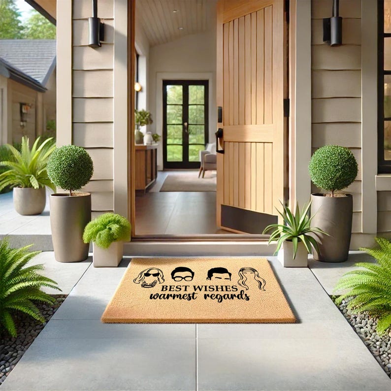 a welcome mat on the front of a house