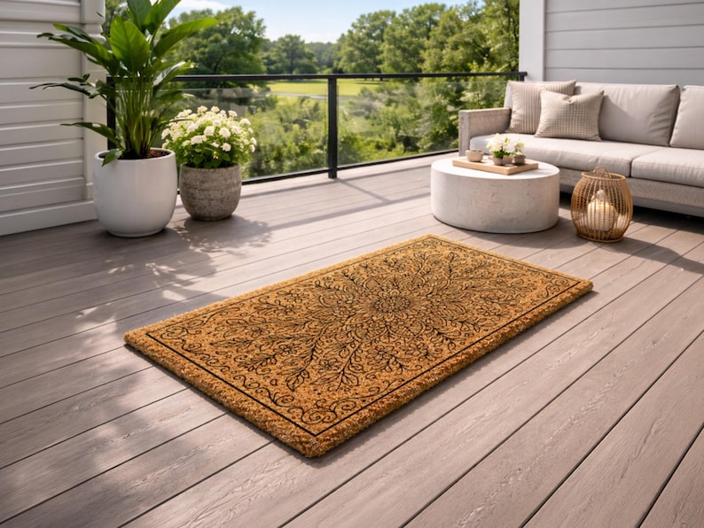 K&ouml;nnte beinhalten: Rechteckige Fu&szlig;matte mit detailliertem floralem Design in Schwarz auf tanfarbenem Hintergrund. Die Matte besteht aus Naturfasermaterial und liegt auf einer Holzterrasse. Die Szene umfasst Topfpflanzen, ein Sofa und einen runden Tisch.