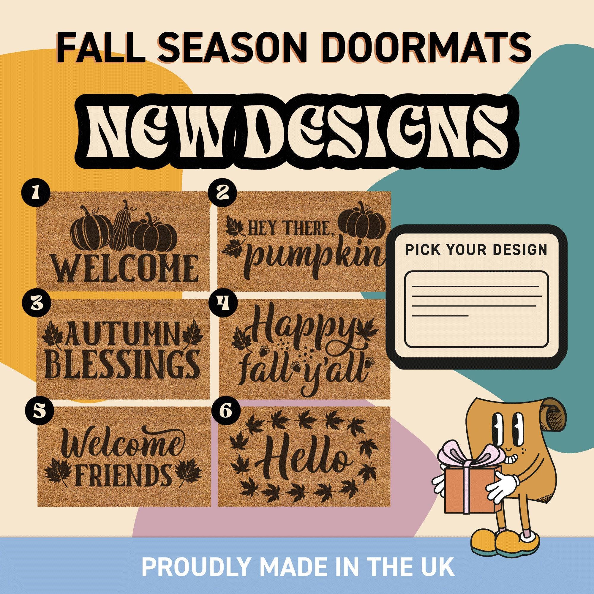 New Fall Welcome Doormat, Autumnal Housewarming Rug, Happy Fall Quote Mat, Personalized Home Decor For New Homeowner, Pumpkin Door Mat