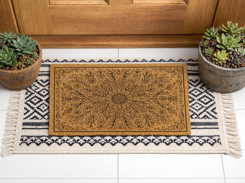 K&ouml;nnte beinhalten: Eine rechteckige Fu&szlig;matte mit floralem Design in der Mitte, platziert auf einem schwarz-wei&szlig; gemusterten Teppich. Die Fu&szlig;matte besteht aus einem hellbraunen Material. Zwei Topf-Sukkulenten flankieren den Teppich in der N&auml;he einer Holzt&uuml;r.