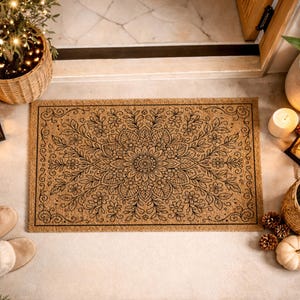 K&ouml;nnte beinhalten: Rechteckige Kokos-Fu&szlig;matte mit schwarzem Blumen-Mandala-Design. Die Szene umfasst brennende Kerzen, Laternen, einen kleinen K&uuml;rbis und Hausschuhe, wodurch ein einladender Eingang entsteht. Das Design der Matte ist detailliert.