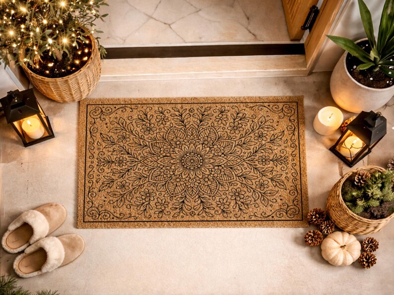 K&ouml;nnte beinhalten: Rechteckige Kokos-Fu&szlig;matte mit schwarzem Blumen-Mandala-Design. Die Szene umfasst brennende Kerzen, Laternen, einen kleinen K&uuml;rbis und Hausschuhe, wodurch ein einladender Eingang entsteht. Das Design der Matte ist detailliert.