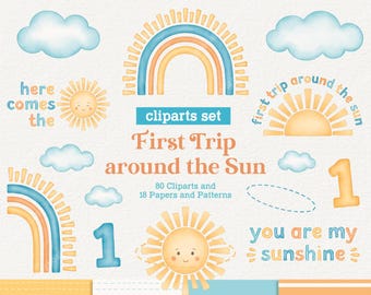 First Trip Around the Sun Watercolor Cliparts, You are my Sunshine, Here comes the Sun, Cute Party Decor Art, PNG, Baby Wall Art