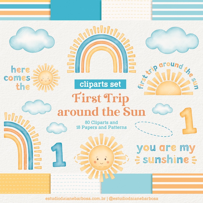May include: A set of watercolor illustrations featuring a rainbow, clouds, suns, and the text "First Trip Around the Sun". The illustrations are in shades of blue, yellow, and orange. The text "80 Cliparts and 18 Papers and Patterns" is also included.