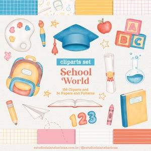 Pode incluir: Um conjunto de ilustrações de aquarela para clipart com tema escolar. O conjunto inclui uma mochila, um chapéu de formatura, uma paleta de pintura, um lápis, um livro, um giz de cera, uma régua, um béquer, um diploma, um caderno e blocos de letras. As ilustrações estão em um estilo brilhante e alegre.