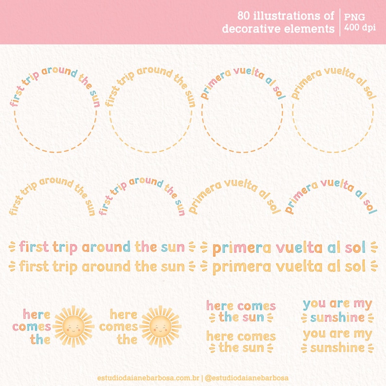May include: A set of 80 illustrations of decorative elements featuring a sun and the text "first trip around the sun" and "primera vuelta al sol" in various colors. The illustrations are perfect for adding a touch of whimsy to your designs.