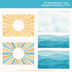 May include: Two watercolor illustrations of sunbursts with a circle in the center. The top sunburst is yellow and orange. The bottom sunburst is blue, orange, and yellow.