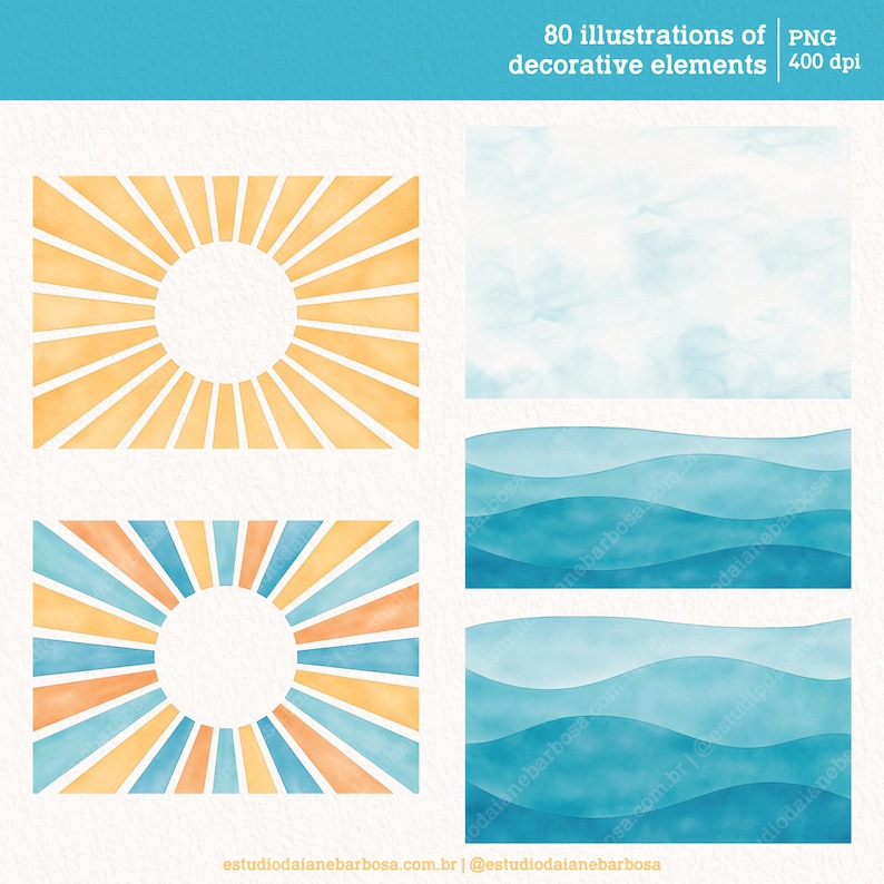 May include: Two watercolor illustrations of sunbursts with a circle in the center. The top sunburst is yellow and orange. The bottom sunburst is blue, orange, and yellow.