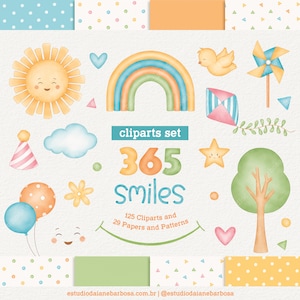 Op de afbeelding: Een set van 125 aquarel-clipart-illustraties en 29 papieren en patronen met een regenboog, zon, wolken, een boom, een bloem, een vlieger, een windmolen, ballonnen en harten. De tekst "clipart set 365 smiles" staat in het midden van de afbeelding.