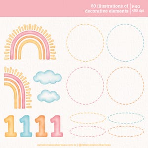 May include: A set of 80 digital illustrations featuring a rainbow, clouds, numbers, and circles. The illustrations are in a watercolor style with a pastel color palette. The circles are outlined with dashed lines.