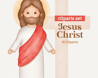 Jesus Christ Watercolor Cliparts, Cross, Holy Easter, Cute Jesus, Kids Illustration, He is Risen, PNG, Digital Download