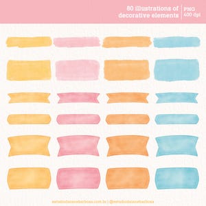 May include: 80 watercolor illustrations of decorative elements in yellow, pink, and blue. The elements are in various shapes, including rectangles, rounded rectangles, and banners. The illustrations are perfect for adding a touch of whimsy to your designs.