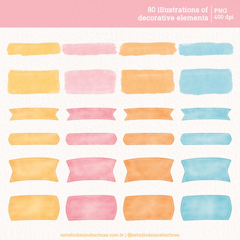 May include: 80 watercolor illustrations of decorative elements in yellow, pink, and blue. The elements are in various shapes, including rectangles, rounded rectangles, and banners. The illustrations are perfect for adding a touch of whimsy to your designs.