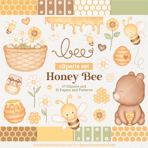 Honey Bee Watercolor Cliparts, Honeycombs, Daisies, Sunflowers, Garden, Baby Shower, Nursery, Cute Party Decor Art, PNG, Baby Wall Art
