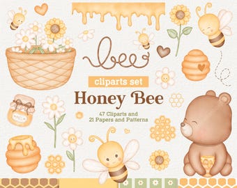 Honey Bee Watercolor Cliparts, Honeycombs, Daisies, Sunflowers, Garden, Baby Shower, Nursery, Cute Party Decor Art, PNG, Baby Wall Art
