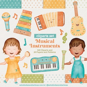 Puede incluir: Un conjunto de ilustraciones de clipart de instrumentos musicales coloridos, que incluyen un xilófono, un acordeón, una guitarra, un micrófono, un teclado, un pandero y una flauta dulce. El clipart está diseñado para su uso en proyectos digitales e incluye 348 imágenes de clipart y 28 papeles y patrones.