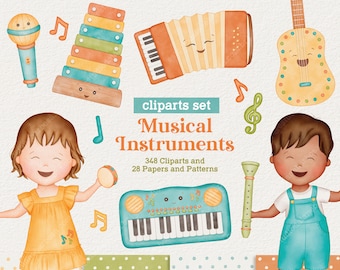 Musical Instruments Cliparts Set, Little Musician Watercolor, Musical Notes, Party Parade Cliparts, Party Decor Art, PNG, Digital Download