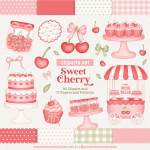 Puede incluir: Un conjunto de clipart digital con un tema de cereza dulce. El clipart incluye una magdalena de cereza, un pastel de cereza, un carrito de cerezas, un frasco de cerezas y un patrón de cerezas. El clipart está en tonos rosas y rojos.