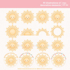 May include: 80 illustrations of a cartoon sun in various poses, including a full sun, a half sun, and a sun with a circle around it. The text "first trip around the sun" and "primera vuelta al sol" are written around the sun.