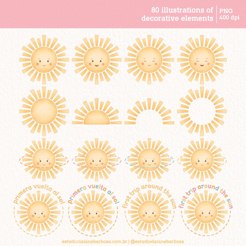 May include: 80 illustrations of a cartoon sun in various poses, including a full sun, a half sun, and a sun with a circle around it. The text "first trip around the sun" and "primera vuelta al sol" are written around the sun.