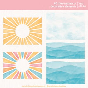 May include: Four watercolor illustrations of decorative elements. Two illustrations feature a sunburst design with a circle in the center. The sunburst designs are in shades of yellow, orange, pink, and blue. The other two illustrations feature a wavy design in shades of blue.