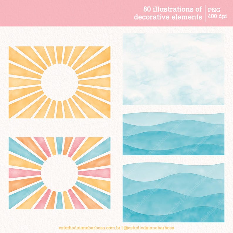 May include: Four watercolor illustrations of decorative elements. Two illustrations feature a sunburst design with a circle in the center. The sunburst designs are in shades of yellow, orange, pink, and blue. The other two illustrations feature a wavy design in shades of blue.