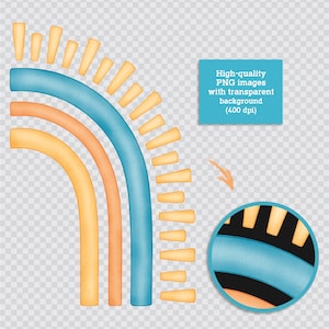 May include: A set of three colorful, watercolor-style arches in yellow, orange, and blue. The arches are arranged in a semi-circle shape, with the yellow arch on the bottom, the orange arch in the middle, and the blue arch on top. The arches are outlined in black and have a textured, watercolor-like appearance.