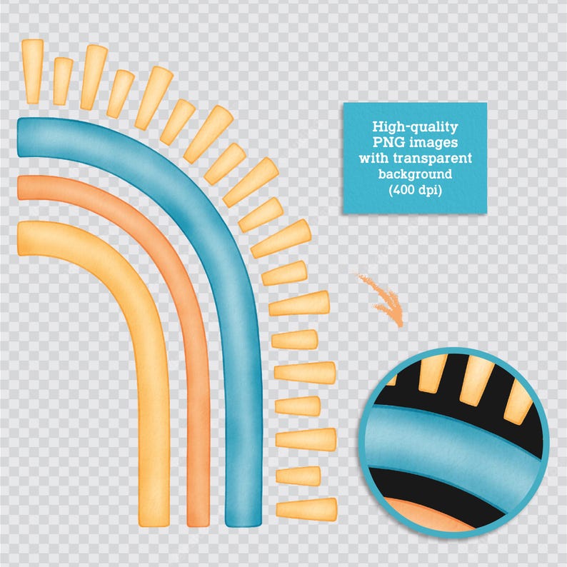 May include: A set of three colorful, watercolor-style arches in yellow, orange, and blue. The arches are arranged in a semi-circle shape, with the yellow arch on the bottom, the orange arch in the middle, and the blue arch on top. The arches are outlined in black and have a textured, watercolor-like appearance.