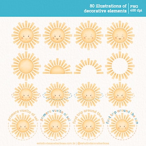 May include: 80 illustrations of a cartoon sun in various poses, including a full sun, a half sun, and a sun with a circle around it. The sun is yellow with a smiling face. The text "primera vuelta al sol" and "first trip around the sun" is written in Spanish and English.