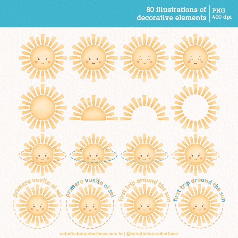 May include: 80 illustrations of a cartoon sun in various poses, including a full sun, a half sun, and a sun with a circle around it. The sun is yellow with a smiling face. The text "primera vuelta al sol" and "first trip around the sun" is written in Spanish and English.