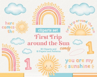 First Trip Around the Sun Candy Watercolor Cliparts, You are my Sunshine, Here comes the Sun, Cute Party Decor Art, PNG, Baby Wall Art