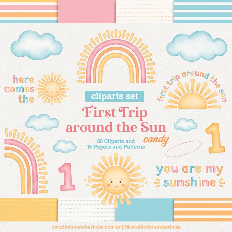 May include: A set of 80 watercolor clipart illustrations featuring a rainbow, sun, clouds, and the text "First Trip Around the Sun" and "You Are My Sunshine".
