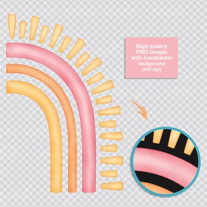 May include: A set of three watercolor rainbow arches in shades of pink, orange, and yellow. The arches are arranged in a semi-circle shape with the tips of the arches pointing outwards. The arches are outlined in black and have a textured, watercolor effect.