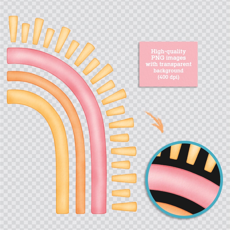 May include: A set of three watercolor rainbow arches in shades of pink, orange, and yellow. The arches are arranged in a semi-circle shape with the tips of the arches pointing outwards. The arches are outlined in black and have a textured, watercolor effect.
