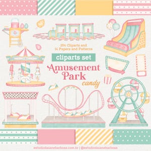Pode incluir: Conjunto de clip art em aquarela com elementos de parque de diversões. Inclui um carrossel, roda gigante, montanha-russa e trem. O texto diz "Amusement Park candy" e "204 Cliparts and 14 Papers and Patterns".