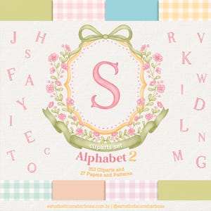 May include: A pink letter S with a floral wreath and a yellow banner with the text "cliparts set Alphabet 2 353 Cliparts and 27 Papers and Patterns".