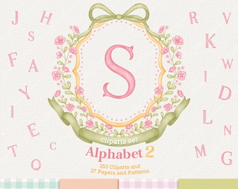 Alphabet Watercolor Cliparts, Crests, Monogram, Vintage, Coat of Arms, Wedding, Baby Shower, Cute Decor Art, PNG, Digital Download, Coquette