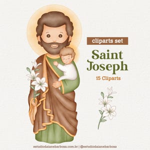 Saint Joseph Watercolor Cliparts, Kids Illustration, Lilies, Saint Joseph with Jesus, Catholic, PNG, Digital Download