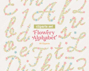 Flowery Alphabet Watercolor Cliparts, Monogram, Vintage, Coquette, Floral, Wedding, Baby Shower, Cute Party Decor Art, PNG, Digital Download