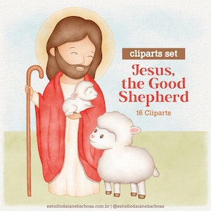 Pode incluir: Conjunto de clipart de Jesus, o Bom Pastor com 16 imagens. Uma ilustração em aquarela de Jesus com uma túnica vermelha segurando um cordeiro. Um cordeiro branco fica ao lado dele. O texto "clipart set Jesus, the Good Shepherd 16 Cliparts" está no canto superior direito.