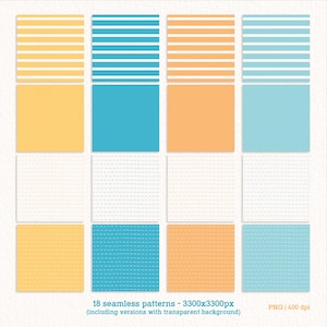 May include: Set of 18 seamless patterns in blue, yellow, and white stripes and dotted lines. The patterns are 3300 x 3300 pixels and are available in PNG format with a transparent background.