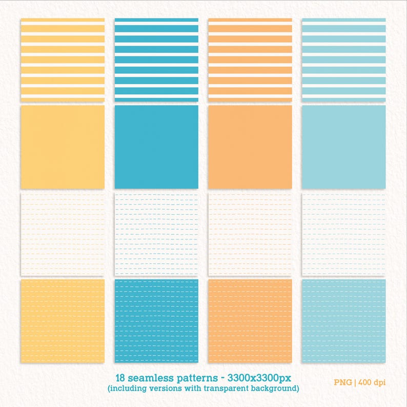 May include: Set of 18 seamless patterns in blue, yellow, and white stripes and dotted lines. The patterns are 3300 x 3300 pixels and are available in PNG format with a transparent background.