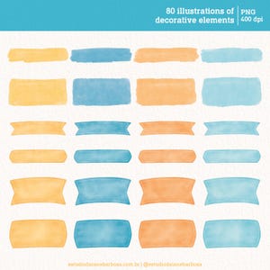 May include: 80 watercolor illustrations of decorative elements in blue and orange. The elements are in various shapes, including rectangles, banners, and rounded rectangles. The illustrations are perfect for adding a touch of whimsy to your designs.