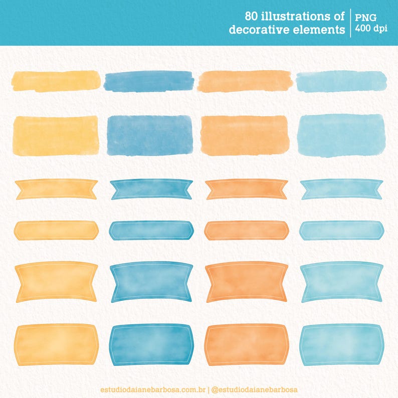 May include: 80 watercolor illustrations of decorative elements in blue and orange. The elements are in various shapes, including rectangles, banners, and rounded rectangles. The illustrations are perfect for adding a touch of whimsy to your designs.