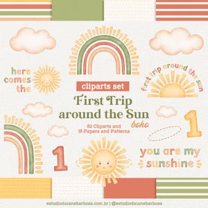 Primer viaje alrededor del sol, clipart de acuarela boho, eres mi sol, aquí viene el sol, linda decoración de fiesta, PNG, arte de pared para bebés