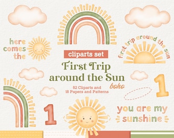 First Trip Around the Sun Boho Watercolor Cliparts, You are my Sunshine, Here comes the Sun, Cute Party Decor Art, PNG, Baby Wall Art
