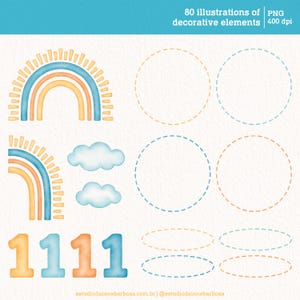 May include: A set of 80 watercolor illustrations of decorative elements, including rainbows, clouds, circles, and numbers. The illustrations are in shades of blue, yellow, and orange.