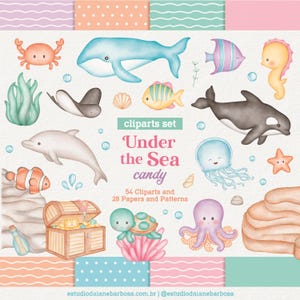Under the Sea Candy Aquarell Cliparts, Rosa, Meerestiere, Fische, Wale, Kinderzimmer, süße Party-Dekor-Kunst, digitaler Download, Baby-Wandkunst