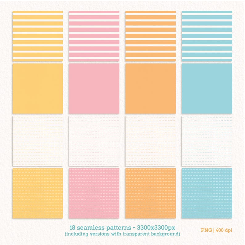 May include: 18 seamless patterns in yellow, pink, orange, and blue. Each pattern is a different variation of stripes or dotted lines. The patterns are 3300 x 3300 pixels and are available in PNG format at 400 dpi.